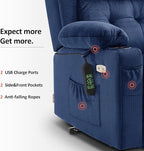 MCombo Medium Triple Motor Power Lift Recliner Chair with Massage and Heat for Elderly People, Adjustable Headrest, Infinite Position, USB Ports, Fabric 7661 (Navy Blue, Medium)