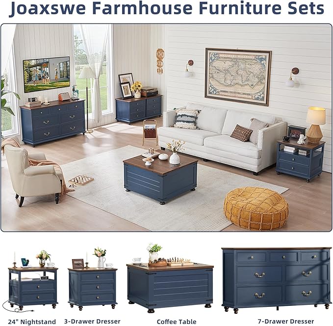 Farmhouse Dresser and Nightstand Sets, Wooden 7 Drawers Dresser & 24" Night Stand with 3 Drawers, 2 Piece Bedroom Furniture Set, Chest of Drawers for Bedroom, Home, Living Room, Hallway