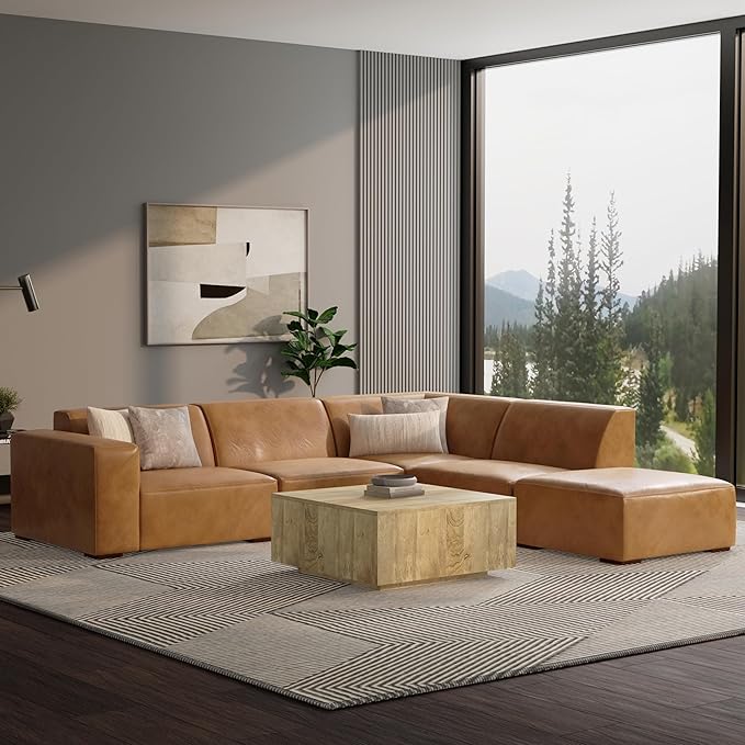 SIMPLIHOME Rex Right Corner Sectional Modular Sofa and Ottoman Set in Full-Grain Genuine Leather, Sienna, 116-inch-wide L-Shaped Leather Sofa and Matching 34-inch-Wide Table Ottoman for Living Room