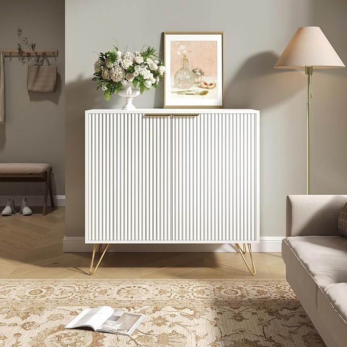 Fluted Storage Cabinet, 2 Doors Sideboard Buffet Cabinet, Modern Wood Accent Cabinet with Adjustable Shelves, Console Table for Living Room, Hallway, Entryway, White