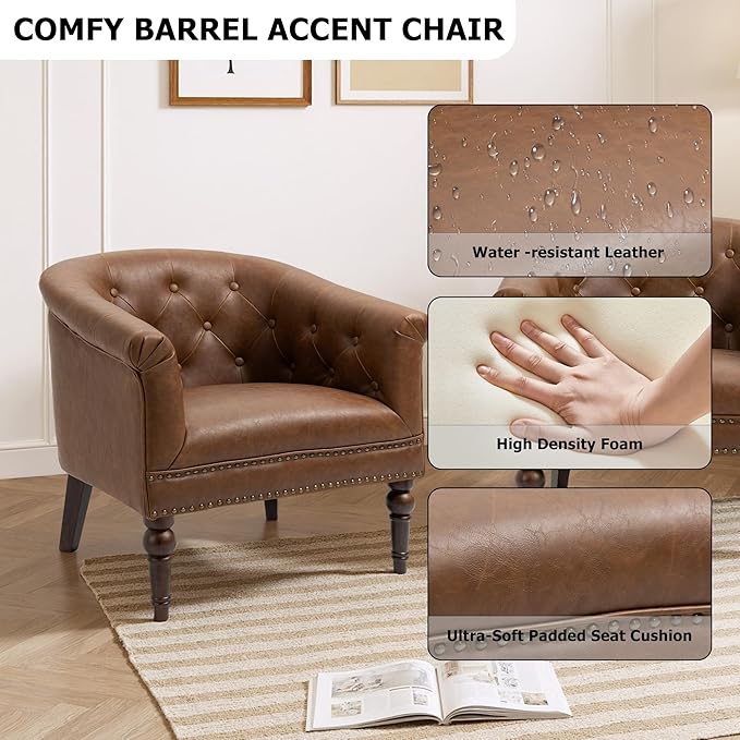 Lumibee Faux Leather Barrel Chairs, Upholstered Accent Chairs Set of 4 for Living Room, Modern Comfy Club Armchairs for Office, Bedroom, Waiting Room-Brown