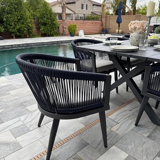 PURPLE LEAF Patio Dining Set for 6 All-Weather Wicker 7 Piece Aluminium Outdoor Table and Chairs Set Included Cushions for Backyard Indoor Decor Kitchen Modern Outdoor Furniture Set Grey and Navy