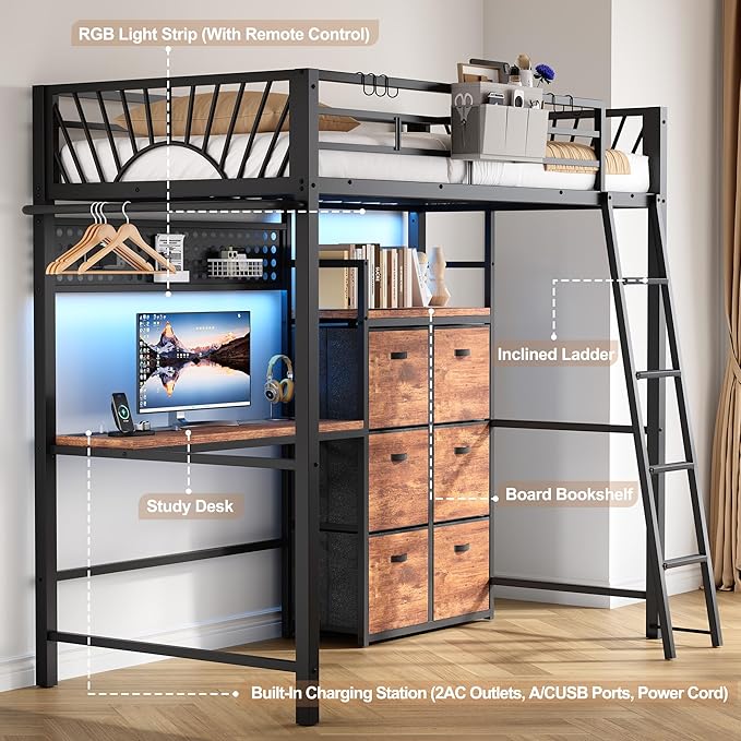 Twin Metal Loft Bed with Desk, 6 Storage Cabinet, LED Light Bunk Bed Frame Twin Size with Charging Station, No Box Spring Needed, Extra Wide Stair Treads&Safety Ladder, Hanging Rod&Guardrail