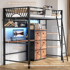 Twin Metal Loft Bed with Desk, 6 Storage Cabinet, LED Light Bunk Bed Frame Twin Size with Charging Station, No Box Spring Needed, Extra Wide Stair Treads&Safety Ladder, Hanging Rod&Guardrail