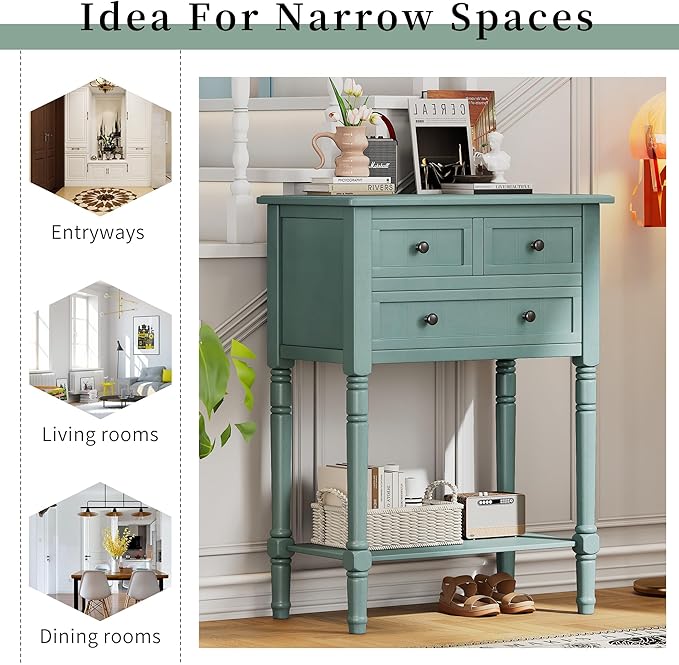 Knocbel Slim Antique Entry Console Table with 3 Drawers & Bottom Open Shelf, Solid Wood Narrow Sofa Couch Table for Entryway Hallway Living Room 23.7" W x 13" D x 31.4" H Light Blue