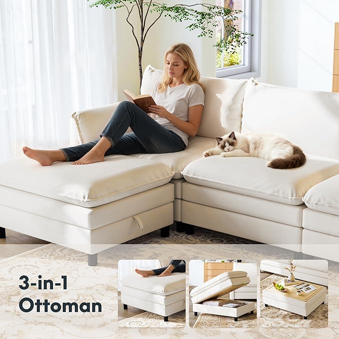 FLEXISPOT SF6 Modular Sectional Sofa with Storage Ottoman, 3-Seater L-Shaped Cloud Sectional Couch, 100.4" Wide Comfy Upholstered Sofa Couch for Living Room Apartment, Chenille White