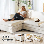 FLEXISPOT SF6 Modular Sectional Sofa with Storage Ottoman, 3-Seater L-Shaped Cloud Sectional Couch, 100.4" Wide Comfy Upholstered Sofa Couch for Living Room Apartment, Chenille White