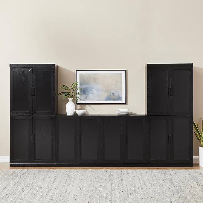 Crosley Furniture Essen 3-Piece Modern Sideboard Buffet Cabinet and Kitchen Storage Pantry Set, Black