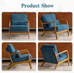 Karl home Mid Century Modern Accent Chair with Lumbar Pillow & Oak Arms – Plush Chenille Living Room Chair for Bedroom, Lounge (Blue)