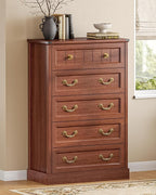 AOGLLATI Farmhouse 5 Drawers Dresser for Bedroom, 48” Tall Wood Rustic Chest of Drawers with Natural Texture, Vintage Design, Black Storage Dresser for Bedroom,Oak Brown