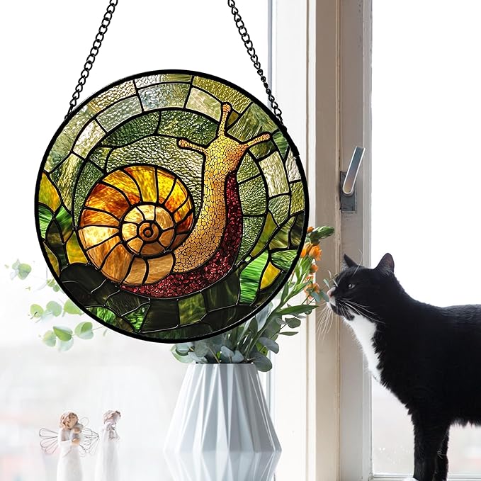 Stained Glass Window Hanging, Green Orange Snail Sun Catcher for Door Home Decor Suncatcher Christmas Mother's Day Birthday Gifts for Women Men Mom and Nana 9.8 in