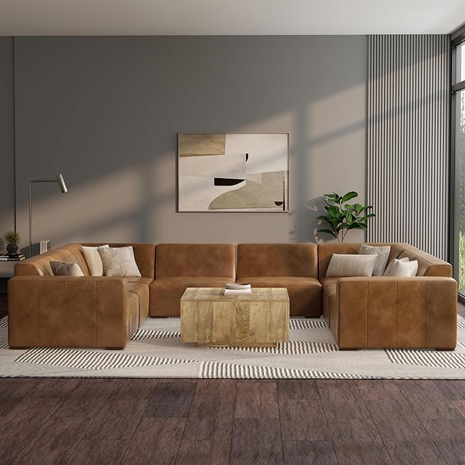 SIMPLIHOME Rex U-Shaped Sectional Modular Sofa in Full-Grain Genuine Leather, Caramel Brown, 144-inches Wide, Handcrafted Modern-Style Large Leather Couch for Living Room