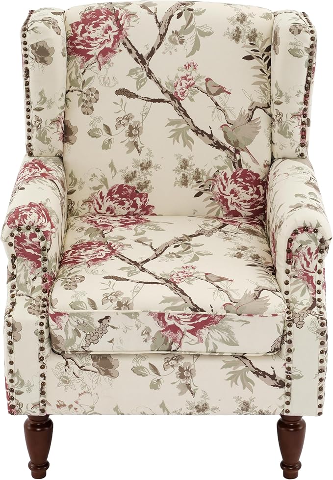 Pia Ricco Set of 2 Floral Accent Chairs, High Back Upholstered Armchairs with Retro Wingback Design, Nailhead Trim & Solid Wood Legs for Living Room Bedroom(Flower Beige)