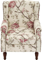 Pia Ricco Set of 2 Floral Accent Chairs, High Back Upholstered Armchairs with Retro Wingback Design, Nailhead Trim & Solid Wood Legs for Living Room Bedroom(Flower Beige)