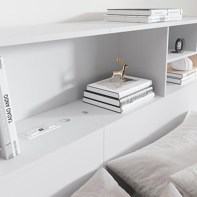 King Size Headboard for Bedroom, Stylish Bookcase Headboard with Built-in Charging Station & 2 LED Lights, Engineered Wood Headboards, Noise-Free HeadBoard King Size with Storage, White