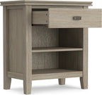 SIMPLIHOME Artisan Bedside Table - 24 inch Wide Solid Wood Nightstand Table in Distressed Grey, Contemporary Bedroom Side or End Table with 1 Drawer, Open Shelf Storage and Bronze Knobs