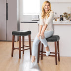 PrimeZone Counter Height Bar Stools Set of 2 - Backless Saddle Barstools with 4.3" Thick Upholstered, Nailhead Trim Faux Leather & Solid Wood Legs, 26 Inch Counter Stools for Kitchen Island, Black