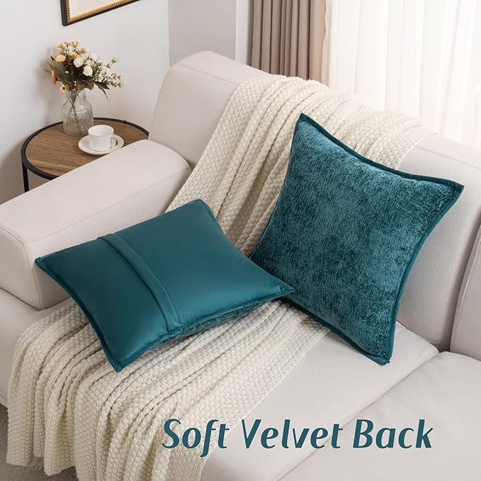 FUTEI Teal Chenille Throw Pillow Covers 24x24 Inch Set of 2,Soft Cozy Bound Edge Design European Cushion Cover,Home Decor for Couch Bed Living Room