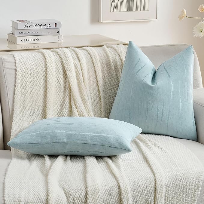 FUTEI Light Blue Chenille Decorative Throw Pillow Covers 12x20 Inch Set of 2,Soft Embossed Striped Textured Lumbar Pillow Cases,Modern Home Decor for Couch Bed Living Room