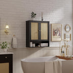 Bathroom Wall Cabinet, Bamboo Over-The-Toilet Storage Organizer with 2 Rattan Doors and Adjustable Shelf, Space Saver Medicine Cabinet for Laundry, Kitchen, Living Room (Black)