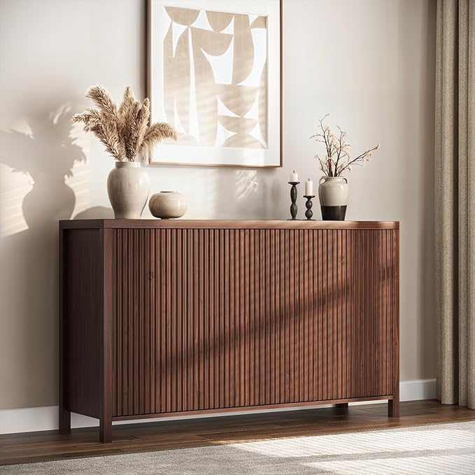YOUDENOVA Fluted Buffet Cabinet with Storage, Modern Sideboard Cabinets with 4 Doors & Adjustable Shelves, Accent 56” Credenza Storage Cabinet, Wood Entryway Cabinet for Living Room Hallway, Brown