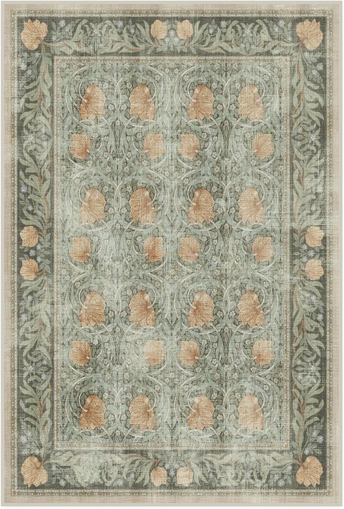 RUGGABLE x Morris & Co Washable Area Rug – Pimpernel Vintage Green 4x6, Stain-Resistant, Non-Slip – Medium Machine Washable Rugs for Living Room, Bedroom, Hallway, Entryway & Office–with Standard Pad