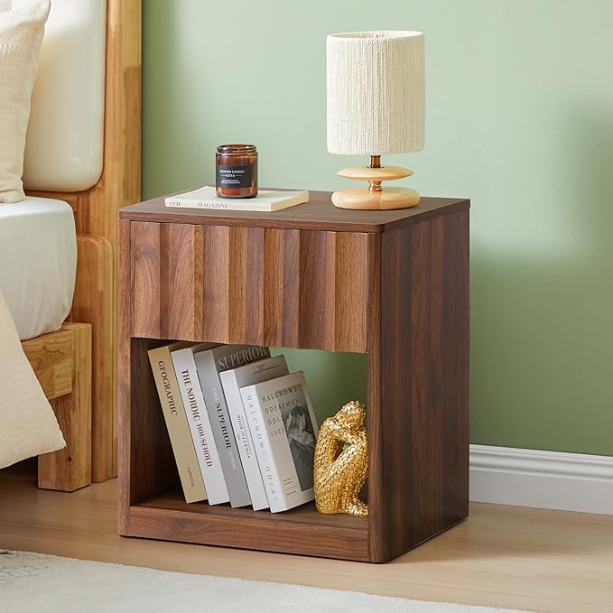 Fluted Dresser, Small Nightstands Set of 2, Natural Bedside Table with Drawer and Storage, Mid Century Modern Side Table for Bedroom Living Room Sofa