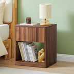 Fluted Dresser, Small Nightstands Set of 2, Natural Bedside Table with Drawer and Storage, Mid Century Modern Side Table for Bedroom Living Room Sofa
