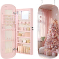 SONGMICS Jewelry Organizer, LED Jewelry Cabinet Wall/Door Mounted, Lockable Rounded Wide Mirror with Storage, Christmas Gift 3.9 x 16.5 x 42.5 Inches, Jelly Pink Surface with Cream White Lining