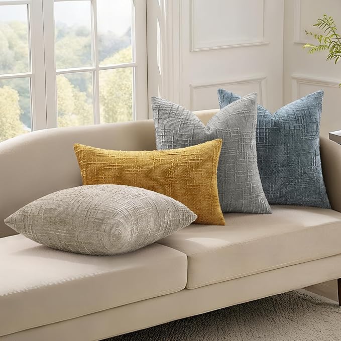 decorUhome Neutral Grey Chenille Throw Pillow Covers 26x26 Set of 2 Thick Textured Slubby Couch Pillow Covers Farmhouse Accent Modern Neutral Decorative Pillow Cases for Bed Sofa Living Room