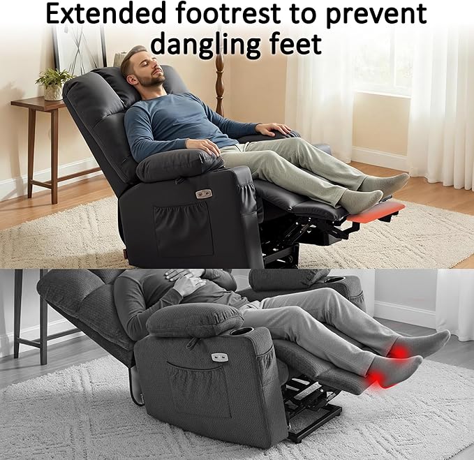MCombo Large Dual Motor Power Lift Recliner Chair for Elderly, Massage and Heat, Lay Flat, Zero Gravity, Home Button, USB Port, Faux Leather 7680 (Black, Large)