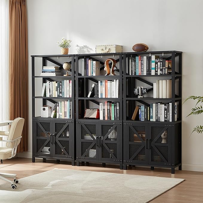 5 Tier Bookshelf 70" Tall Bookcase with Barn Doors,Large Farmhouse Display Book Shelf with Adjustable Shelves and Storage Cabinet，Library Wood Bookshelves for Living Room,Kitchen,Black(3PCS)