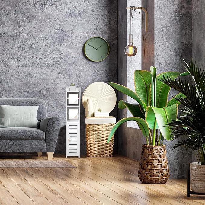 TUOXINEM Small Bathroom Storage with Dual Rods, Over The Toilet, Slim Toilet Paper Storage with 4 Tier Design, Fit Mega Roll (White)