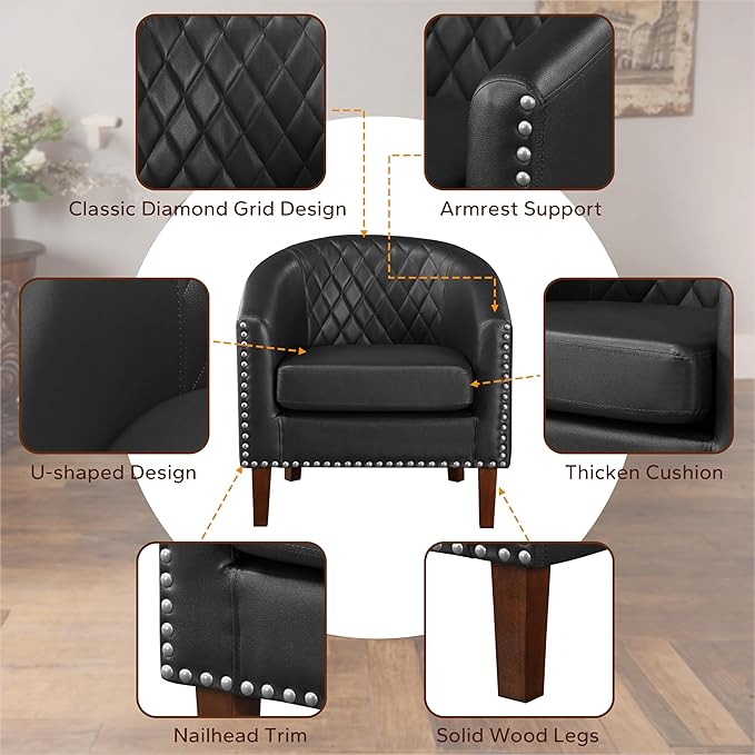 Prilinex Comfy Barrel Accent Chair Set of 4 - Faux Leather Living Room Chair Club Chair with Cushion, Diamond Grid Backrest & Nailhead Trim, Guest Chair for Office, Bedroom & Waiting Room, Black