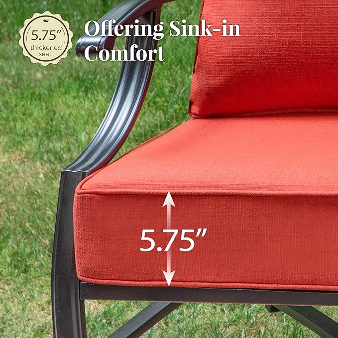 Patio Furniture Set, 4 Pcs Metal Outdoor Conversation Set, 2 Single Chairs and 3 Seater Sofa with 5.75" Extra Thick Cushion and Gas Fire Pit Table for Backyard Deck, Red