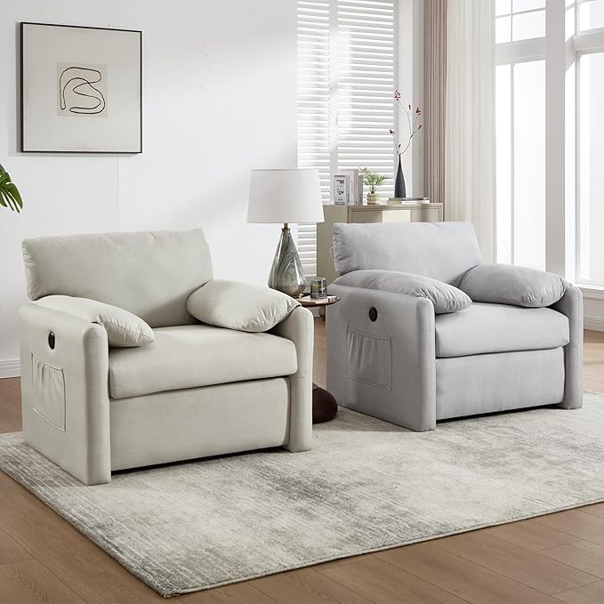 Oversized Accent Chair Mid-Century Modern Armchair for Living Room,USB and Type-C Ports,Comfy Reading Chairs for Bedroom with Side Pockets,Extra-Wide Single Sofa Chair(Khaki, Set of 1)