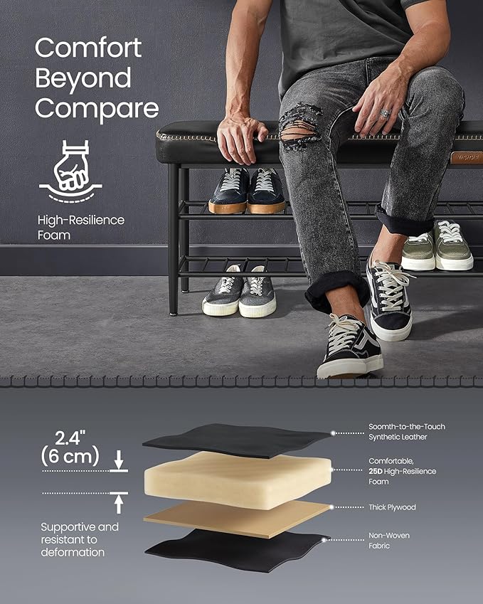 VASAGLE EKHO Collection - Shoe Rack Bench, Storage Bench for Entryway, Synthetic Leather with Stitching, Mid-Century Modern, Loads 300 lb, 11.8 x 39.4 x 19.7 Inches, Ink Black ULSB113B01