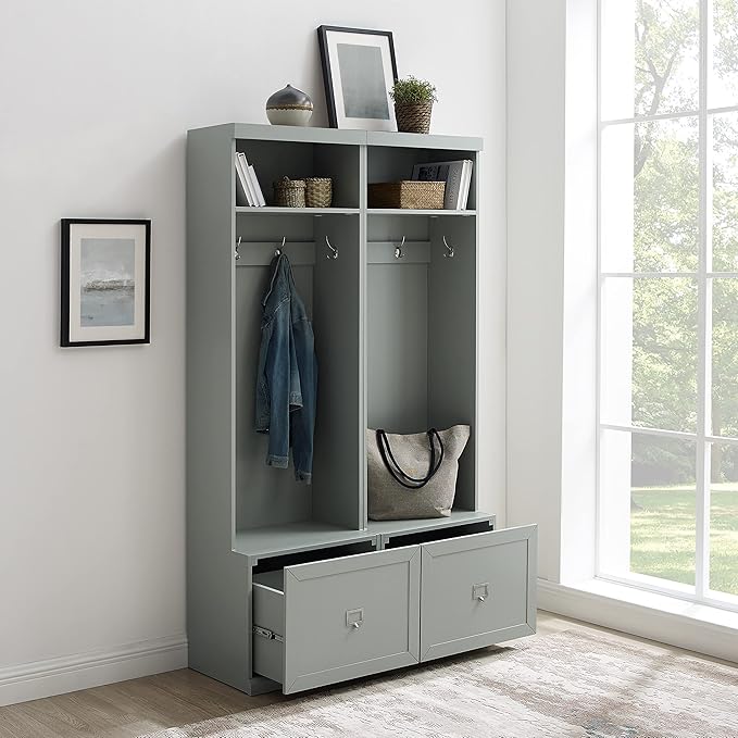 Crosley Furniture Harper 2-Piece Hall Tree Entryway Set with Storage Bench and Coat Rack Hooks for Hanging, Gray