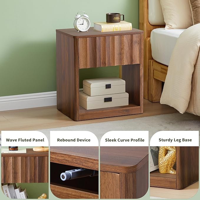 Fluted Dresser, Small Nightstands Set of 2, Natural Bedside Table with Drawer and Storage, Mid Century Modern Side Table for Bedroom Living Room Sofa