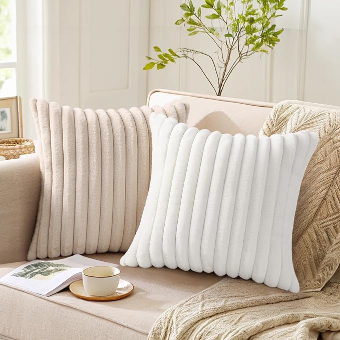 Pallene Faux Fur Plush Throw Pillow Covers 20x20 Set of 2, Luxury Soft Fluffy Striped Decorative Pillow Covers for Sofa, Couch, Living Room, White