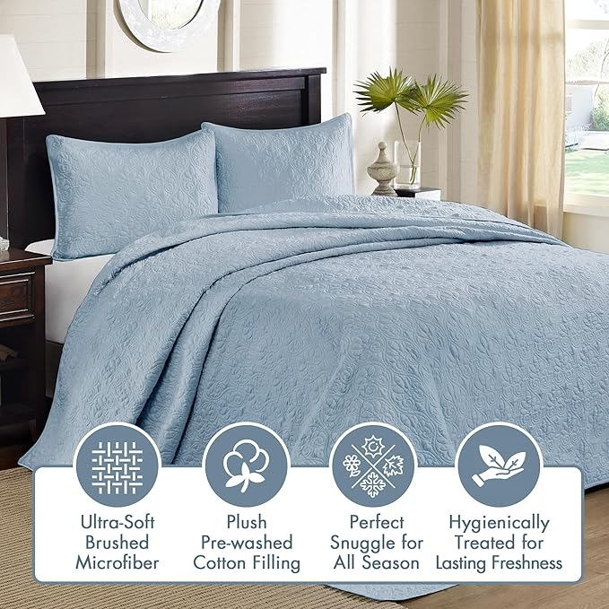Madison Park Quebec Reversible Quilt Set Damask Design, Double Sided Stitching All Season, Lightweight Bedspread Bedding Set, Matching Sham, Blue, King(120"x118") 3 Piece