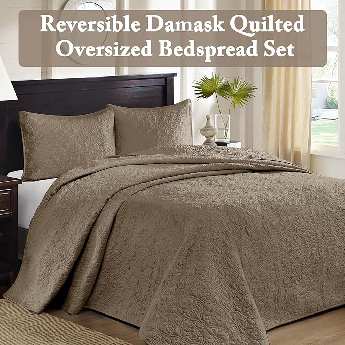 Madison Park Quebec Reversible Quilt Set Damask Design, Double Sided Stitching All Season, Lightweight Bedspread Bedding Set, Matching Sham, Khaki, Queen(102"x118") 3 Piece