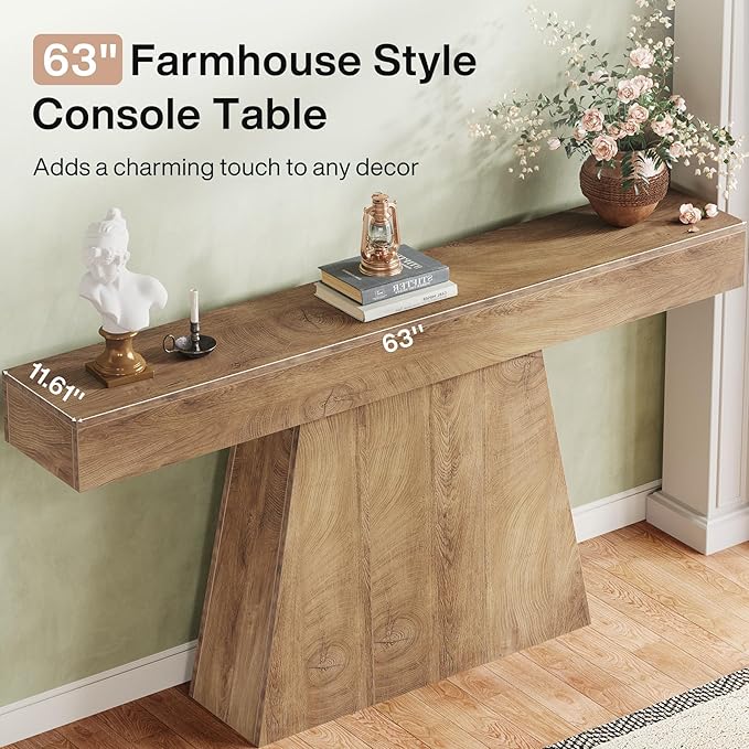 Tribesigns 63" Console Table, Farmhouse Entryway Table with Trapezoidal Base, Narrow Long Wood Sofa Table Behind Couch Table for Entrance, Hallway, Living Room, Natural
