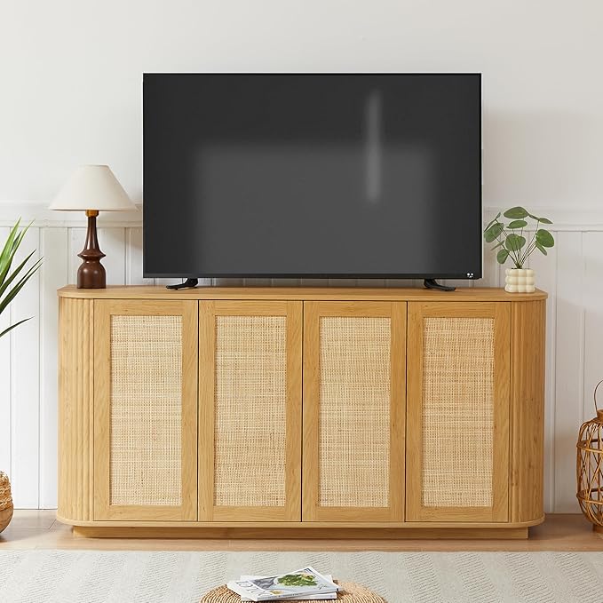 LKTART 64" Sideboard Buffet Cabinet with Storage, Wooden Fluted Storage Cabinet Sideboard with Adjustable Shelves Pressed Spring Rattan Doors for Kitchen Living Room (Natural)