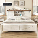 AMERLIFE Farmhouse King Bed Frame, Rustic Wood Platform Bed w/Barn Door Storage Bookcase Headboard & Charging Station, Bedroom Furniture, No Box Spring Needed, Antique White