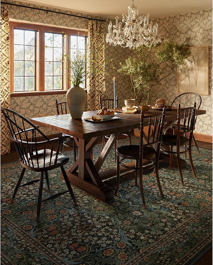 RUGGABLE x Morris & Co Washable Area Rug– Blackthorn Forest Green 8x10, Stain-Resistant, Non-Slip – Large Machine Washable Rugs for Living Room, Bedroom, Hallway, Entryway & Office–with Cushioned Pad