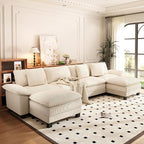 PHI VILLA Cloud Modular Couch Sets, 157.5" Sectional Sofa with U-Shaped Chaise Ottoman, 6-Seater Couches with Upholstered Deep Seat for Living Room, Chenille Corduroy Dual Fabric, Beige