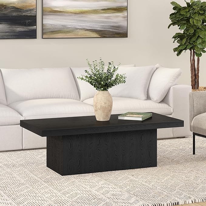 Henn&Hart 48" Fluted Low-Profile Rectangular Coffee Table with Solid Base for Living Room, Family Room, or Office, Black Grain