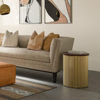 SIMPLIHOME Demy 18-inch Wide Metal and Solid Mango Accent Table in Cognac/Gold, Round Side Table with Mango Wood Top for Living Room or Bedroom, Industrial Style, Assembled
