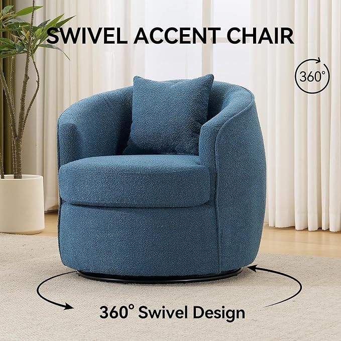 Swivel Accent Chair Set, Modern Upholstered Boucle Barrel Arm Chairs with Pillow for Living Room, 360 Degree Round Swivel Sherpa Armchair with Round Base for Bedroom Club (2, Dark Blue)